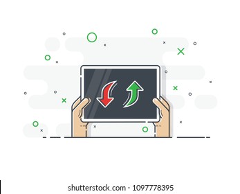 Hands holding player substitution board. Trendy flat vector on white background. Vector Illustration. 