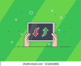 Hands holding player substitution board. Trendy flat vector on green background. Vector Illustration. 