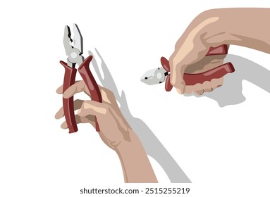 Mãos segurando alicates em diferentes posições sobre fundo branco.