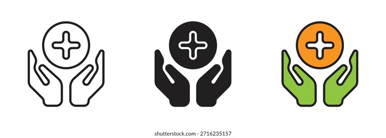 Manos sosteniendo el conjunto de iconos de plus, que simboliza la atención médica, la Asistencia de la atención médica, la protección del seguro, la ayuda comunitaria y la adición de conceptos de servicios de salud.