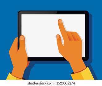 Hands holding and point on digital tablet Two hands and blank screen. Isolated on blue background. Vector illustration
