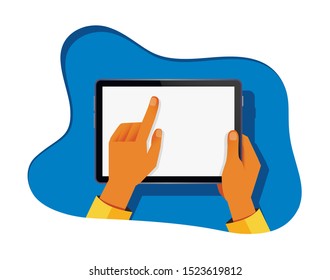 Hands holding and point on digital tablet Two hands and blank screen. Icon on blue background. Vector illustration