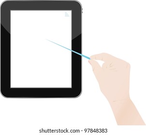 Hands holding and point on digital tablet