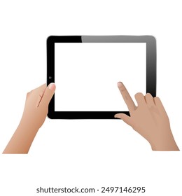 Hands holding and pointing at black tablet realistic vector illustration with white background
