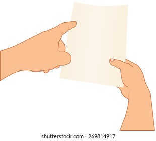 hands holding and pointing to blank paper, vector illustration, isolated background