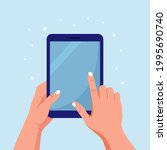 Hands holding and pointing on digital tablet pc. Man touching blank screen of tablet computer. Vector illustration