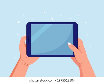 Manos sosteniendo y apuntando sobre tableta digital pc. Hombre tocando la pantalla en blanco de la tablet. Ilustración del vector