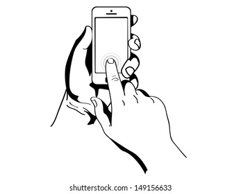 las manos están sosteniendo y apuntando hacia Smart Phone