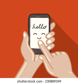 hands are holding and pointing on Smart Phone, freehand drawing vector Illustration