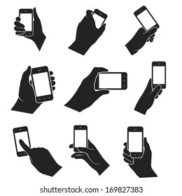 hands holding and pointing smart phone web black and white flat design icons set. vector illustration