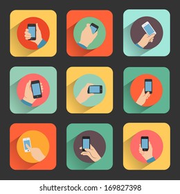 hands holding and pointing smart phone flat design icon set. template elements for web and mobile applications