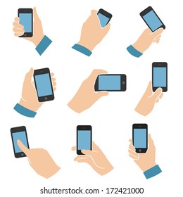 hands holding and pointing smart phone web colorful flat design icons set. vector illustration