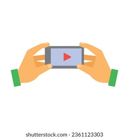 Hands holding portable device vector. Smartphone with media player to watch video files. Multicolored flat vector icon representing hand gestures and actions concept isolated on white background