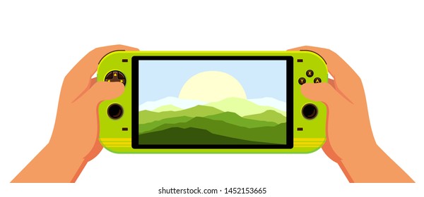 Hands Holding Portable, Handheld Video Game Console