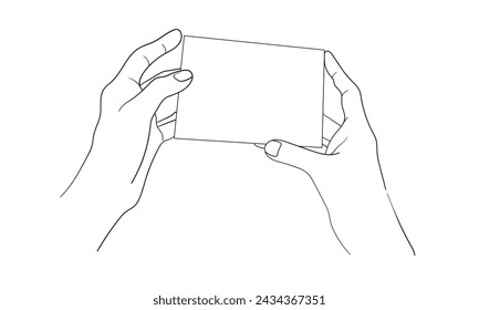 Manos sosteniendo una postal en estilo de arte de línea. Conjunto de arte de línea continua aislado sobre fondo blanco. Contorno, línea lineal, línea delgada, garabato arte. Minimalista ilustración vectorial