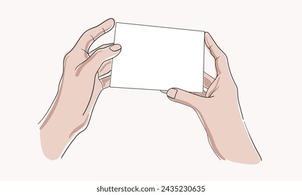 Hands holding a postcard in line art style isolated on beige background. Continuous line art set. Outline, linear, thin line, doodle art. Minimalist Vector illustration