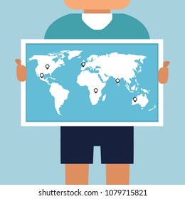 Hands holding poster with world map