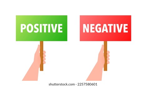 Hände, die Plakate halten Positives und Negatives Zeichen. Gut und schlecht.