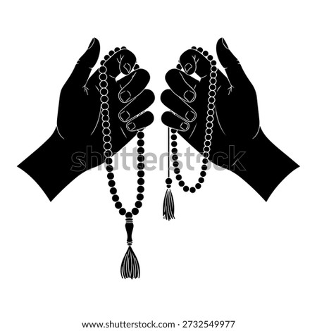 Hands holding prayer beads (Tasbih) with tassels, silhouette symbolizing devotion and remembrance, Islamic spiritual accessory