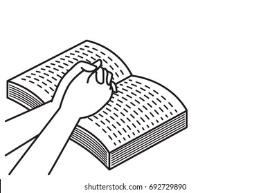 Hands Holding, Praying On Open Bible Book. Vector Illustration, Outline, Line Art, Linear, Hand Drawn Sketch Design, Simple Black And White Style.