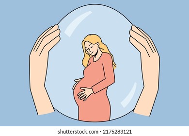 Hands holding pregnant woman in safety bubble. Female with belly protected from society. Motherhood and pregnancy concept. Vector illustration. 