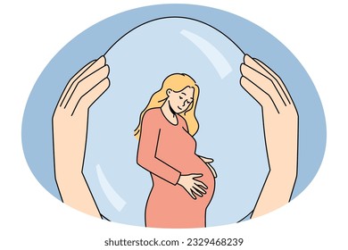 Hands holding pregnant woman in safety bubble. Female with belly protected from society. Motherhood and pregnancy concept. Vector illustration.