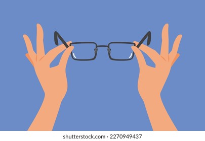 
Hands Holding Prescription Eyeglasses Eye Care Vector Concept Illustration. Person using glasses for myopia correction after prescription 
