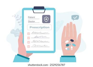 Hands holding prescription and pills. Capsules for illness and pain treatment. Taking medication concept. Healthcare and pharmacy. Medical prescription drugs, vitamin, antibiotic. vector illustration