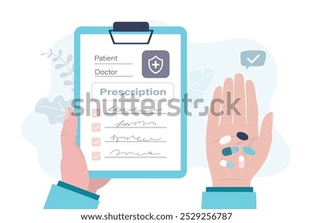 Hands holding prescription and pills. Capsules for illness and pain treatment. Taking medication concept. Healthcare and pharmacy. Medical prescription drugs, vitamin, antibiotic. vector illustration