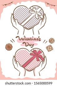 Hands holding a present box of chocolate candies. Vector illustration for Valentine's Day ad or other use.
