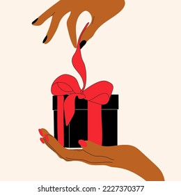 Manos sosteniendo la caja actual decorada con ilustración vectorial de arco. Las promociones y bonificaciones mantienen a los clientes interesados. Mejor oferta