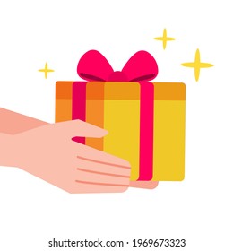 Manos sosteniendo una caja presente con cinta. Concepto creativo de dar caja de regalo o celebración de cumpleaños. Simple trendy lindo vectorial de diseño liso ilustración de estilo plano. Icono de diseño gráfico.