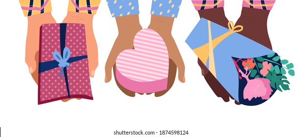 Hands are holding presents for Valentine's day or birthday.Three pairs of palms different ethnicity.Gift box in heart shape form,bouquet of flowers in cute convolution.Holidays celebration,anniversary