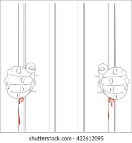 hands holding prison bars with blood, vector illustration 