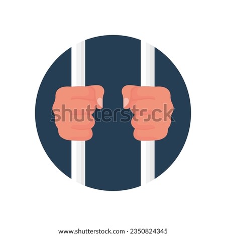 Hands holding prison bars, cartoon icon. Criminal man behind bars. Hands in handcuffs. Human in jail. Prisoner concept. Vector illustration flat design. Arrest of person. Isolated on white background.