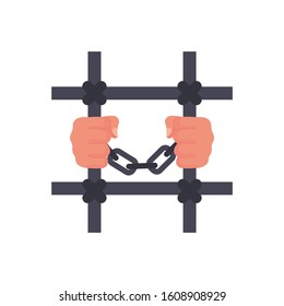 Hands holding prison bars. Criminal man behind bars. Hands in handcuffs. Human in jail. Prisoner concept. Vector illustration flat design. Cartoon style. Arrest of person. Isolated on white background