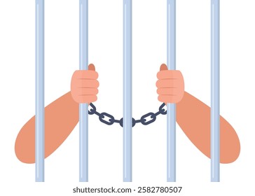 Hands holding prison bars. Human in jail. Arms of male prisoner holding jail bars. Hands of criminal person serve sentence in prison. Arrested guilty man