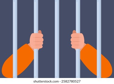 Hands holding prison bars. Human in jail in handcuffs. Arms of male prisoner in handcuffs holding jail bars. Hands of criminal person serve sentence in prison. Arrested guilty man