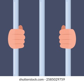 Hands holding prison bars. Human in jail in handcuffs. Arms of male prisoner in handcuffs holding jail bars. Hands of criminal person serve sentence in prison. Arrested guilty man