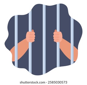 Hands holding prison bars. Human in jail in handcuffs. Arms of male prisoner in handcuffs holding jail bars. Hands of criminal person serve sentence in prison. Arrested guilty man