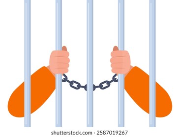 Hands holding prison bars. Human in jail. Arms of male prisoner holding jail bars. Hands of criminal person serve sentence in prison. Arrested guilty man