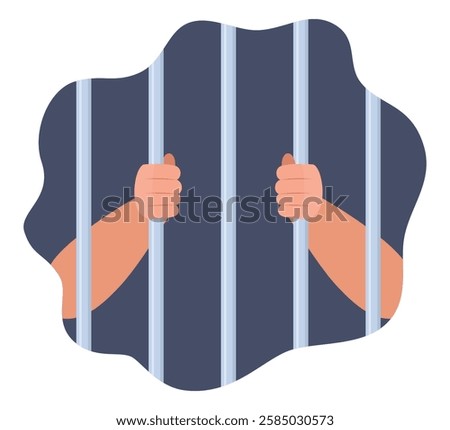 Hands holding prison bars. Human in jail in handcuffs. Arms of male prisoner in handcuffs holding jail bars. Hands of criminal person serve sentence in prison. Arrested guilty man