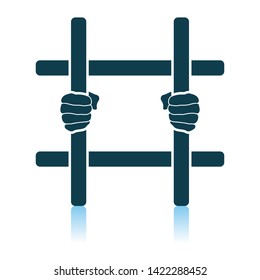 Hands Holding Prison Bars Icon. Shadow Reflection Design. Vector Illustration.