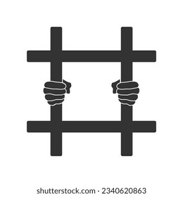 Hands holding prison bars icon on gray background with round shadow. Vector illustration in modern flat style sign