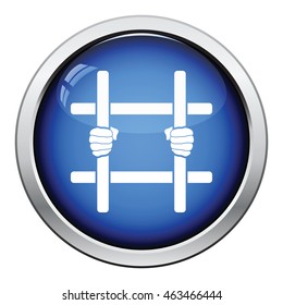 Hands holding prison bars icon. Glossy button design. Vector illustration.
