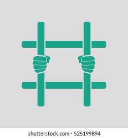 Hands holding prison bars icon. Gray background with green. Vector illustration.