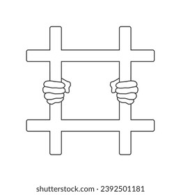 Hands holding prison bars line icon on gray background with round shadow. Vector illustration in modern flat style sign