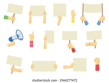 Hands holding protest placards and megaphone. Activists with blank banners or manifestation signs for demonstration or riot isolated on white background. Politics, demonstration, freedom concept