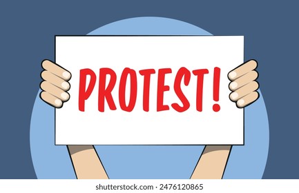 Hands holding protest sign in front of blue background