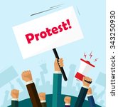 Hands holding protest signs and bullhorn, crowd of people protesters background, political, politic crisis poster, fists, revolution placard concept symbol flat style modern design vector illustration
